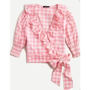 J. Crew Women’s Size M White & Pink Gingham Short Sleeve Ruffle Wrap Blouse Top